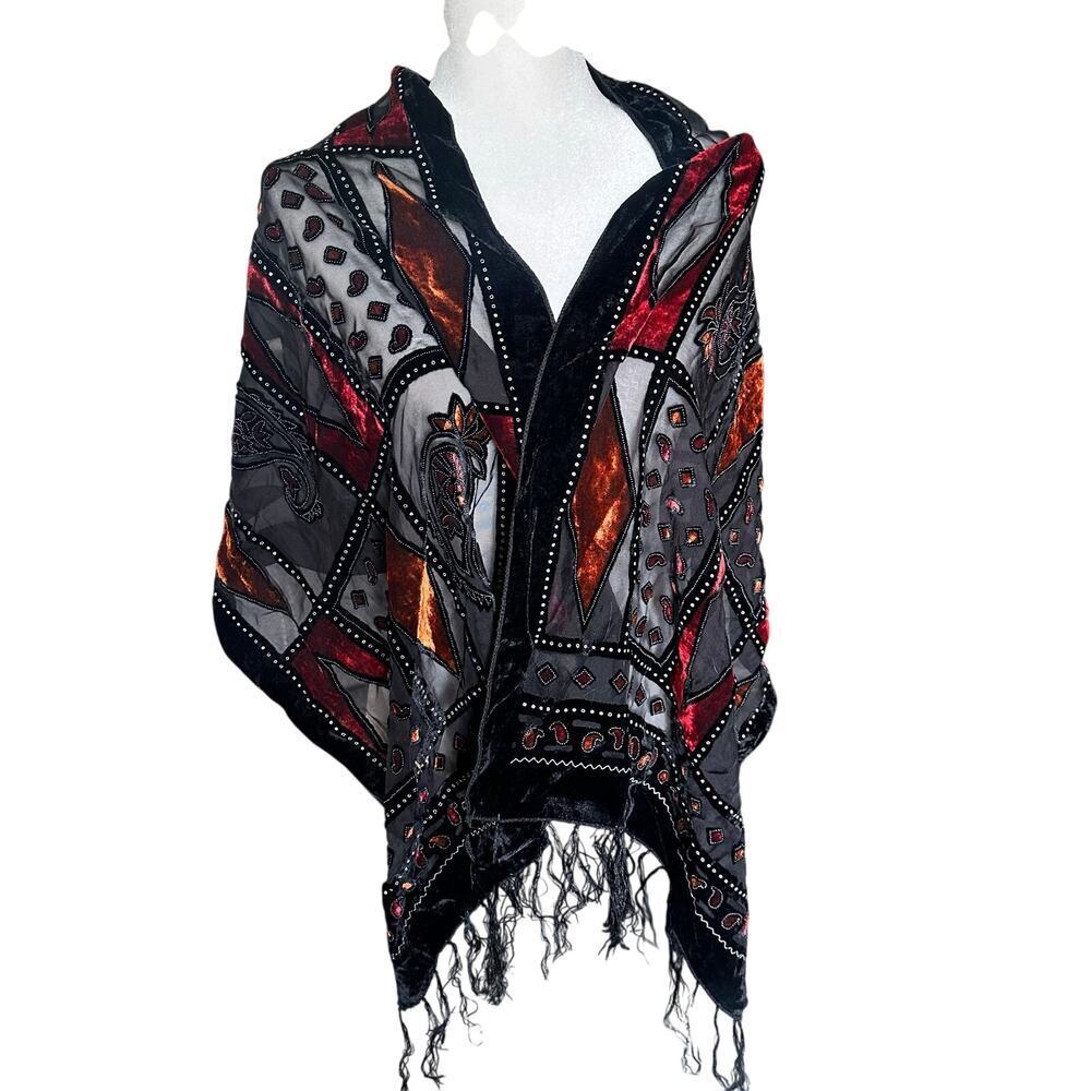 Vintage 90s Silk Velvet Art Deco Sheer boho shawl